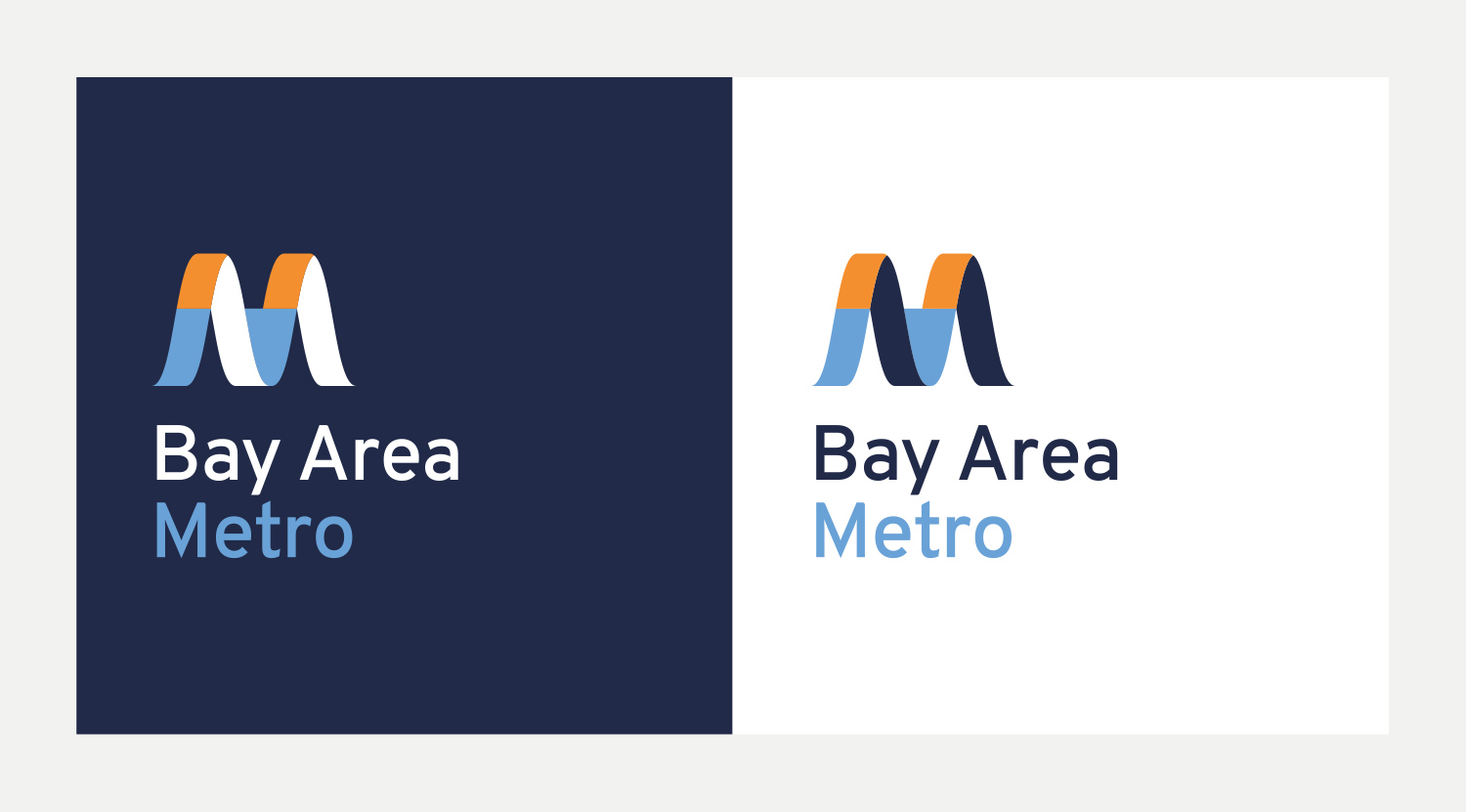 Bay Area Metro logos - designed by Liz Broekhuyse for Seamless Bay Area. The logo features a swooping letter M which echoes the geography of the ocean, bay and mountains.